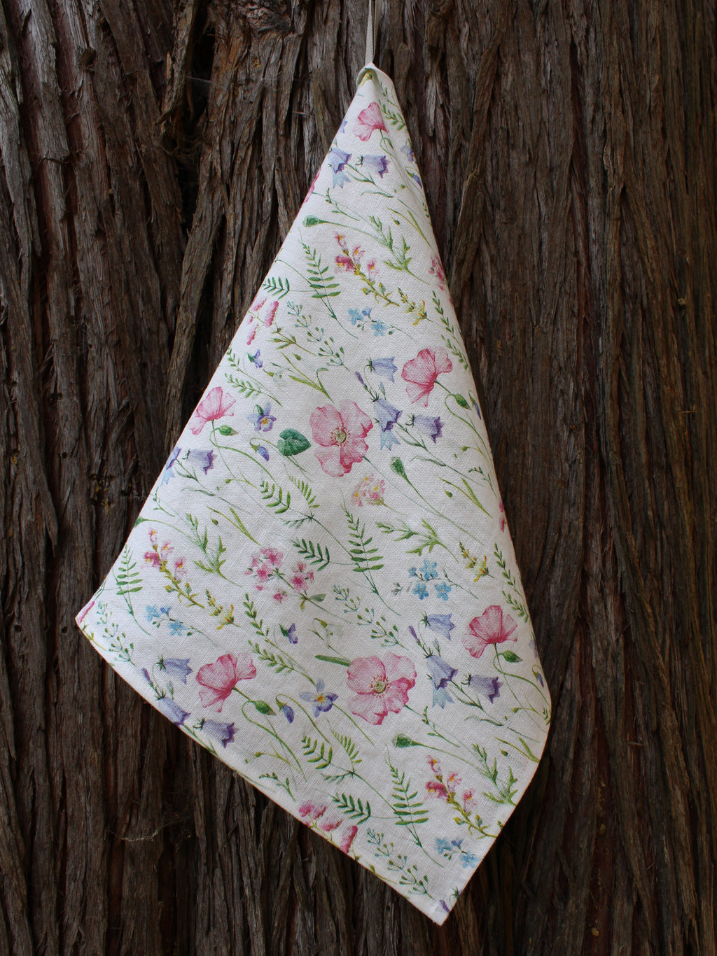 Linen Tea Towel Pink Poppies & Wildflowers