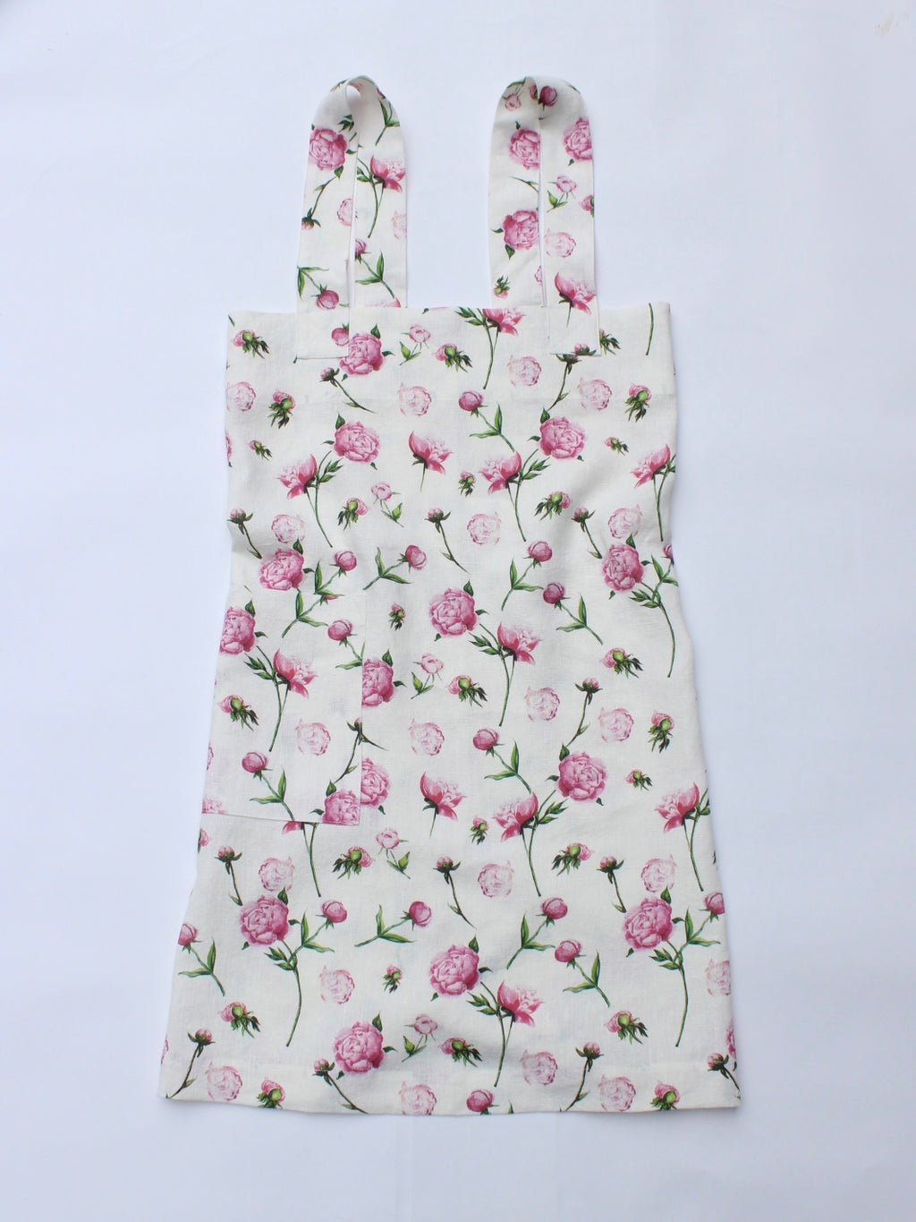 Linen cross back apron Watercolor Pink Peonies