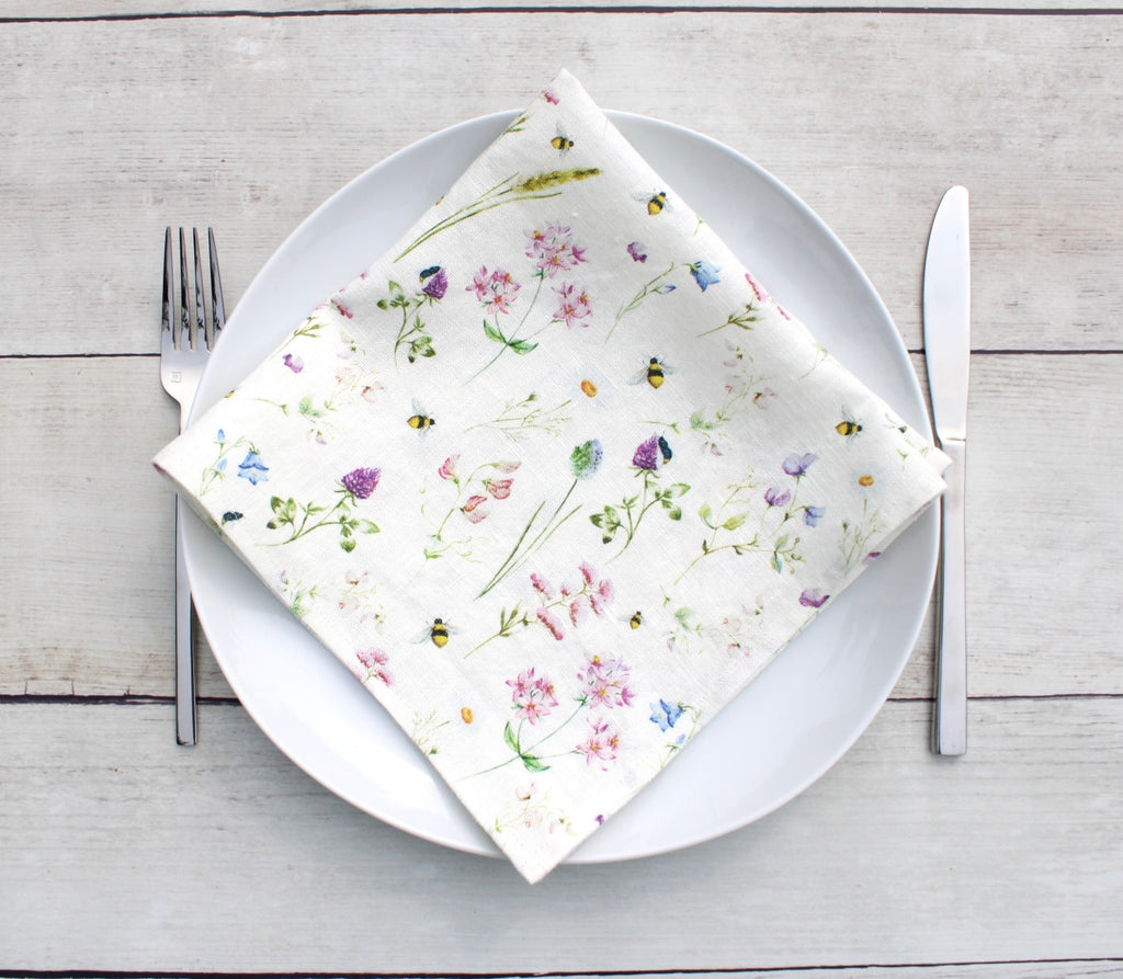 Linen napkin Watercolor Bees & Wildflowers