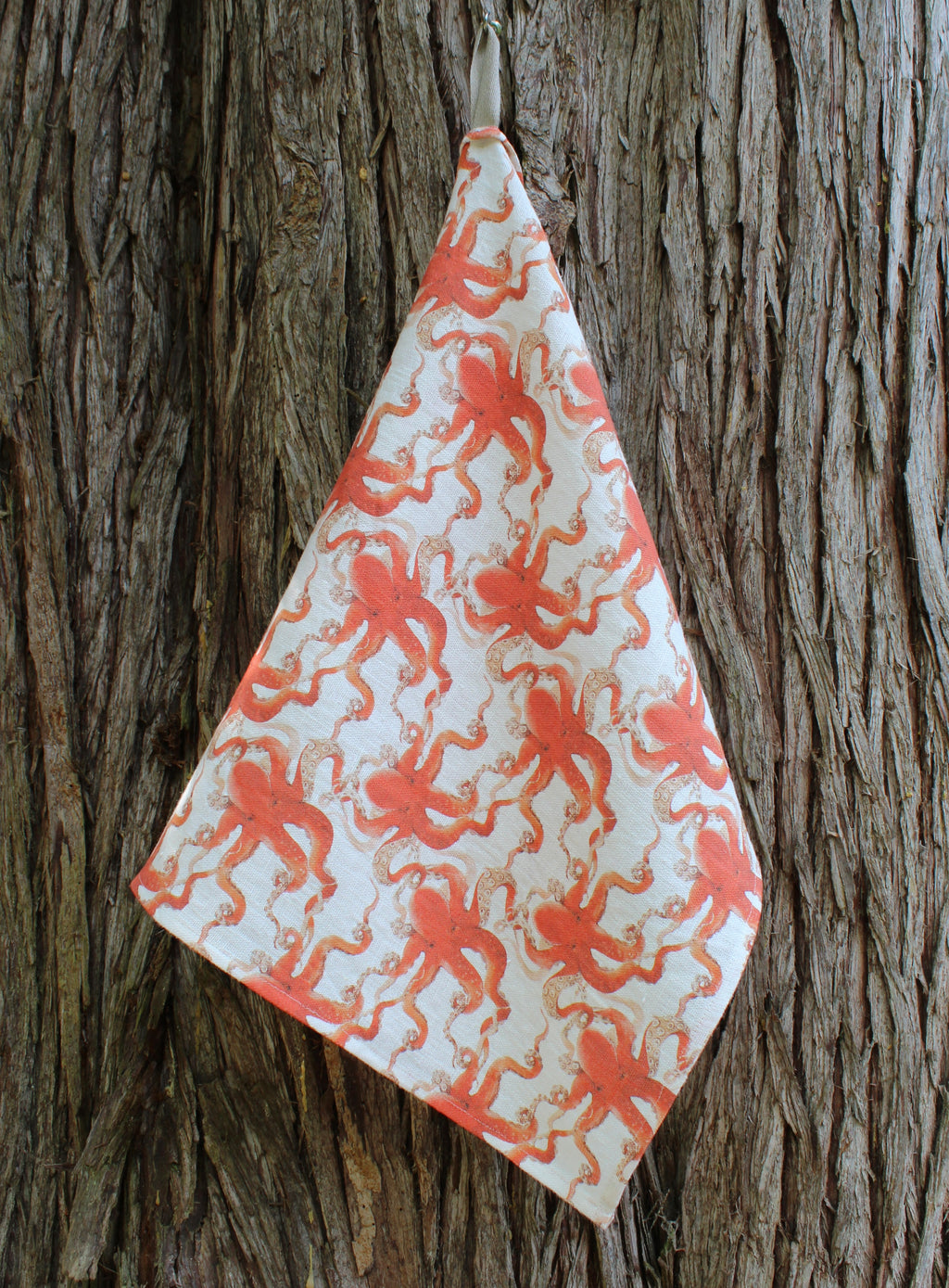 Linen Tea Towel Watercolor Red Octopus