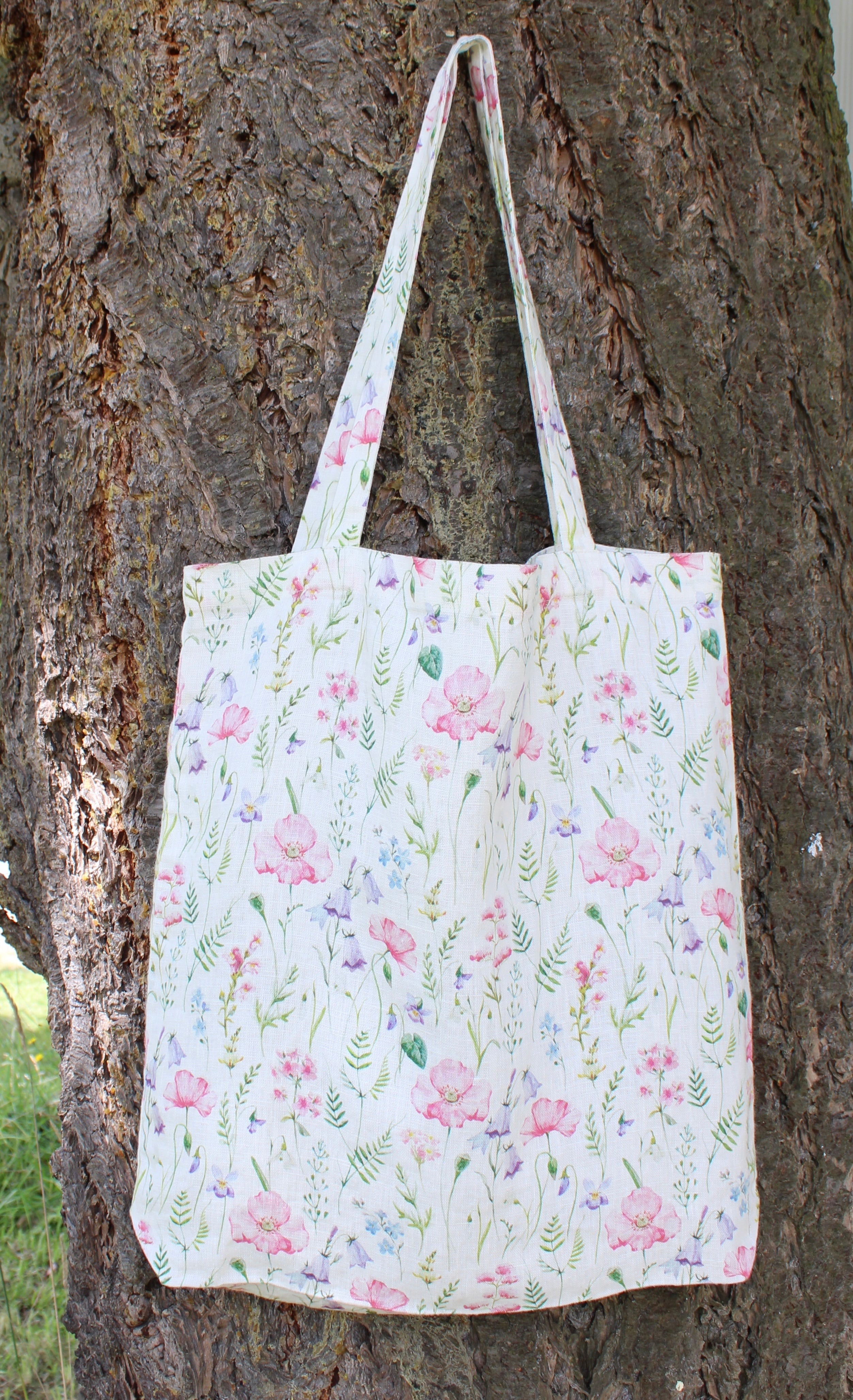 Linen Tote Bag Pink Poppies & Wildflowers