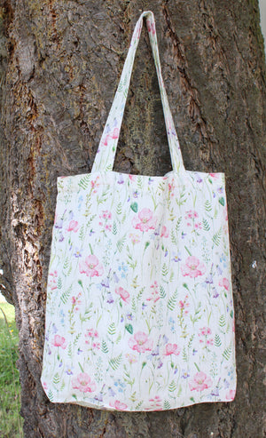 Linen Tote Bag Pink Poppies & Wildflowers