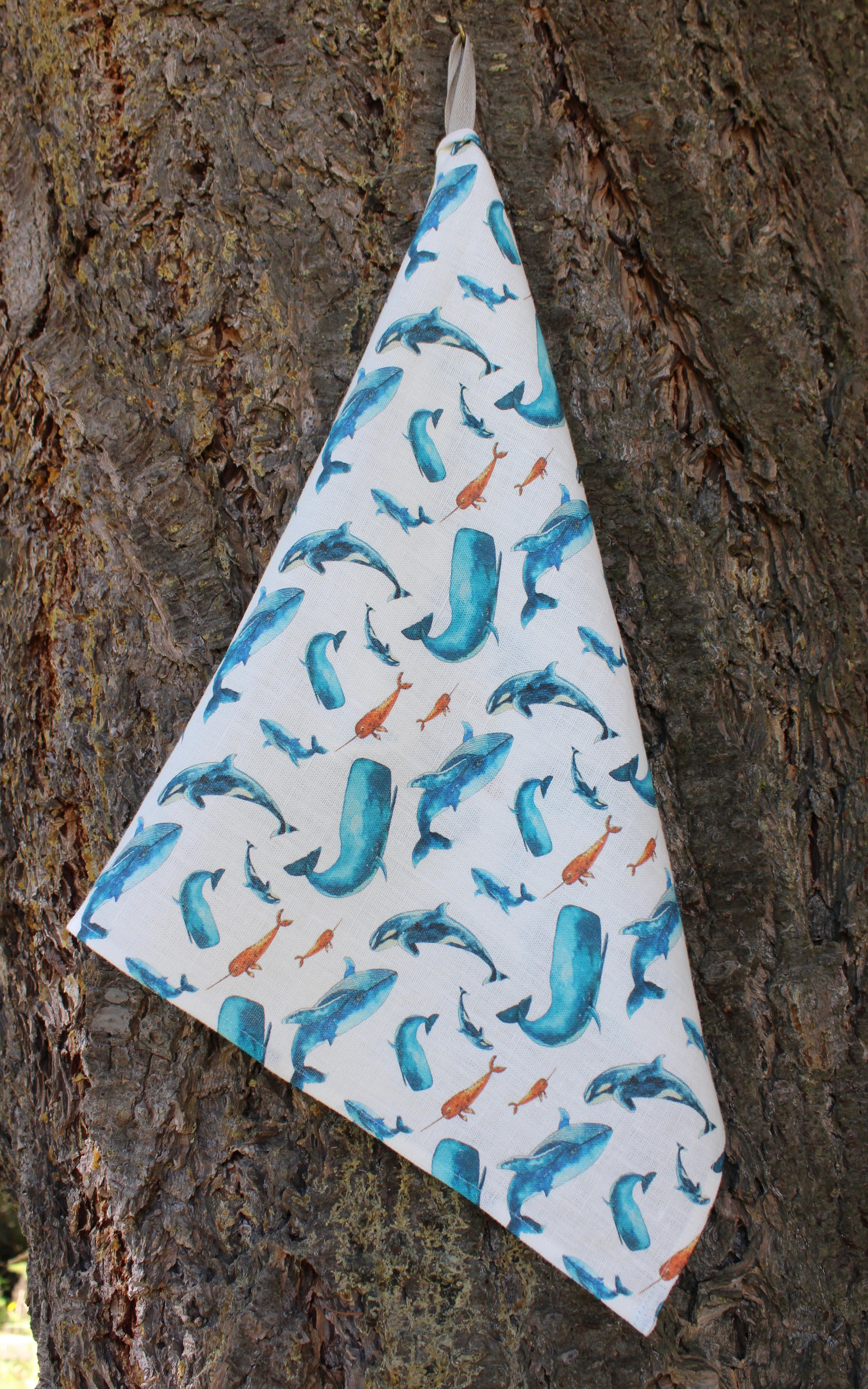 Linen Tea Towel Watercolor Narwhal, Orca and Cachalot sale