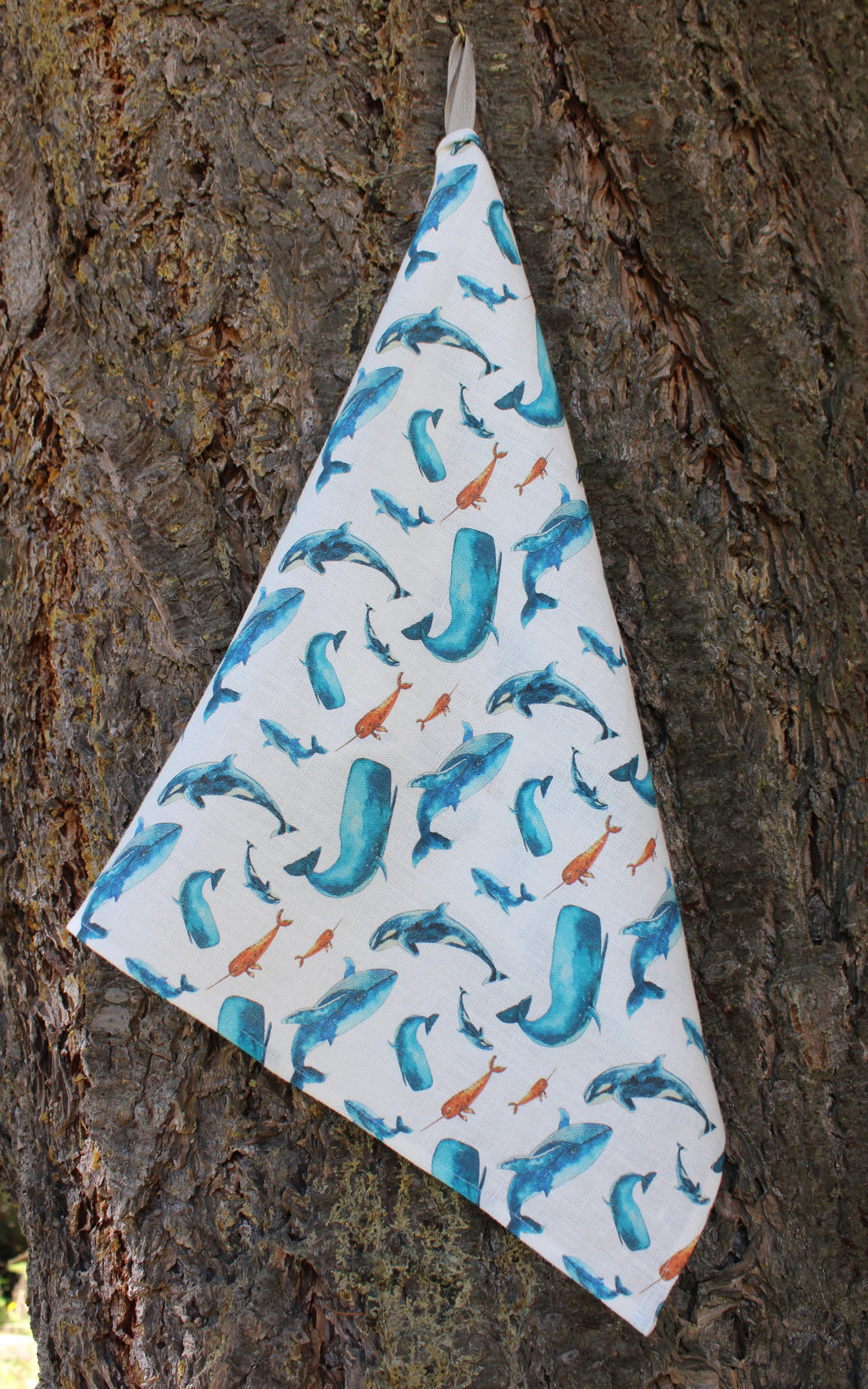 Linen Tea Towel Watercolor Narwhal, Orca and Cachalot sale