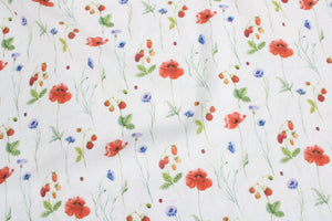 Linen fabric Watercolor Poppies, Cornflowers & Wild Strawberries