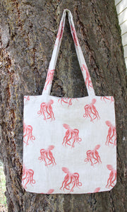 Linen Tote Bag Red Octopus