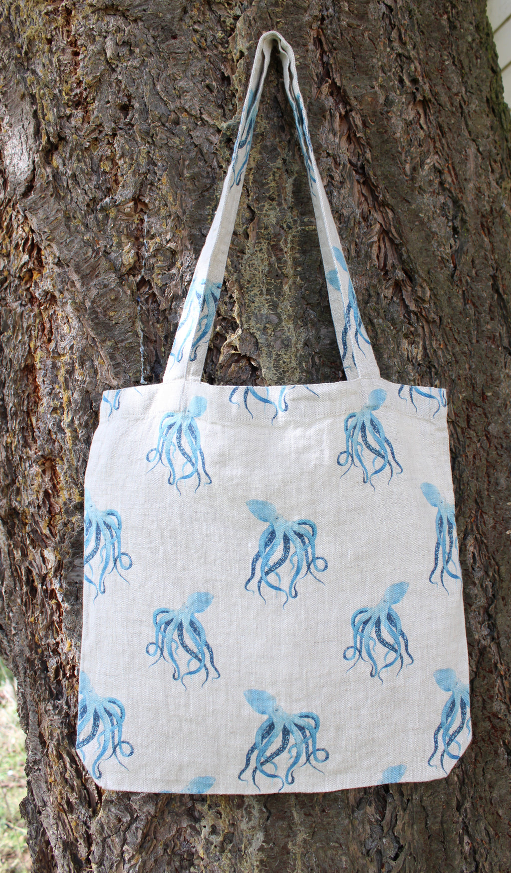 Linen Tote Bag Blue Octopus