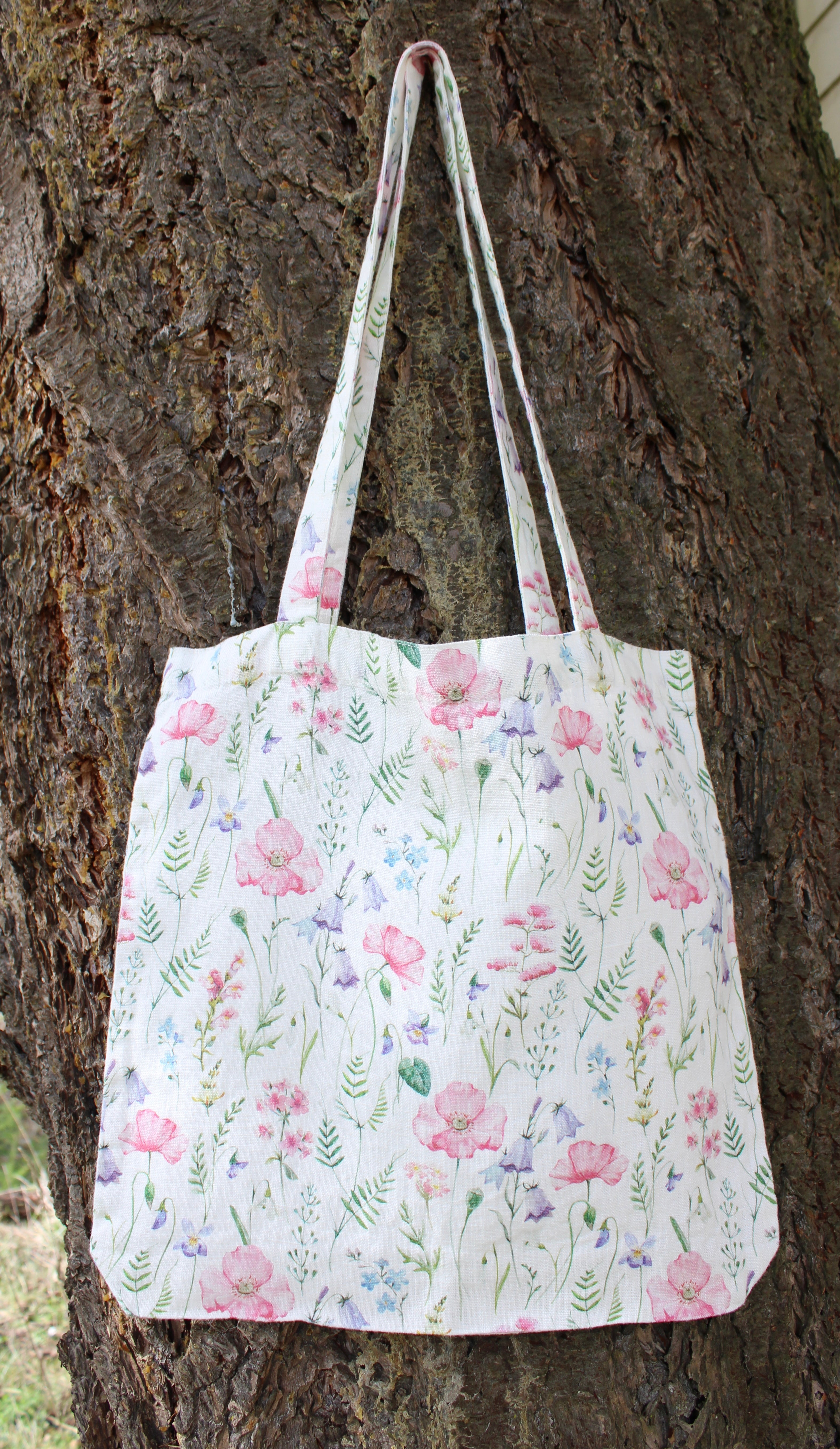 Linen Tote Bag Pink Poppies & Wildflowers