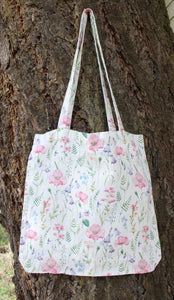 Linen Tote Bag Pink Poppies & Wildflowers