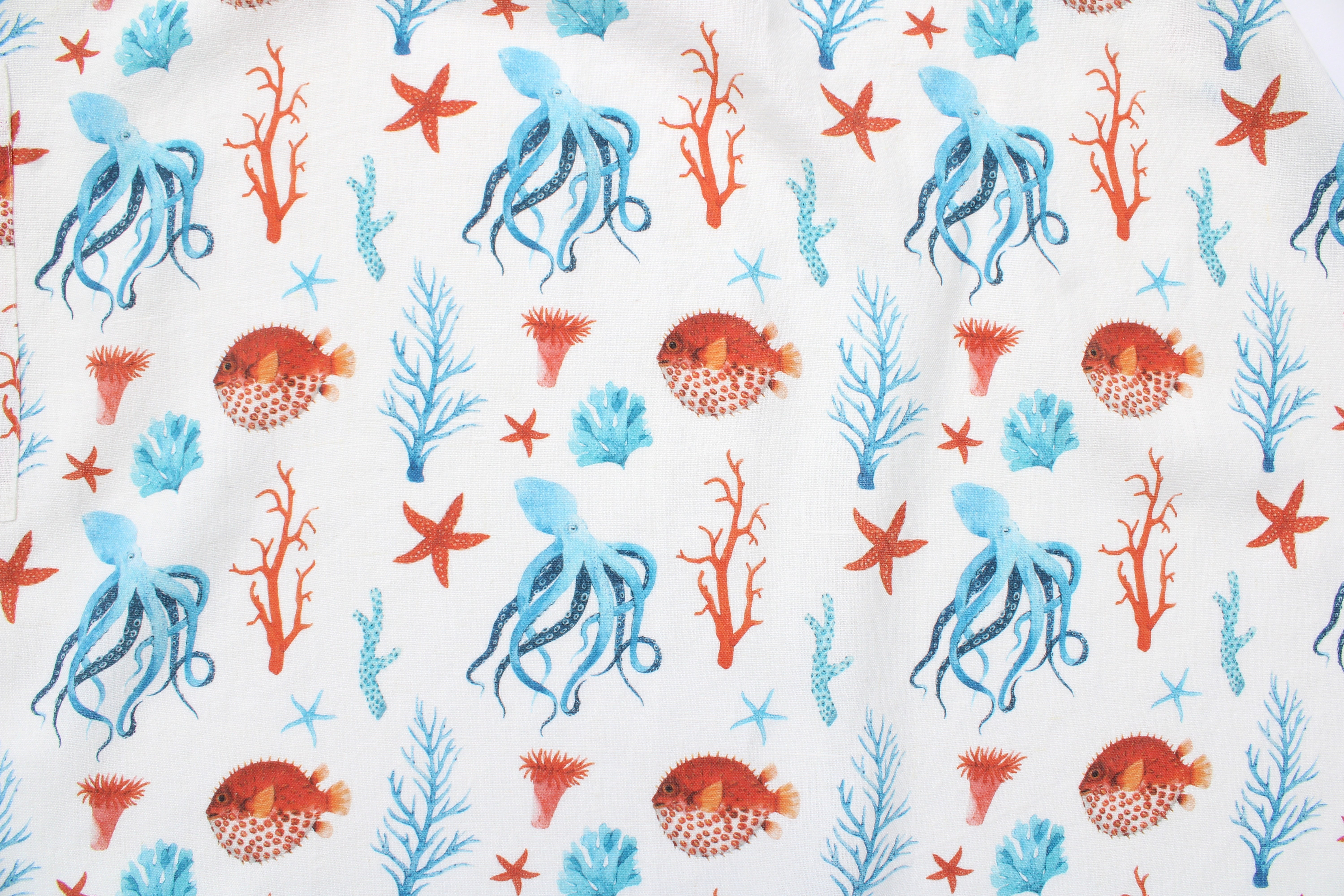 Linen fabric Watercolor Octopus & Hedgehog Fish