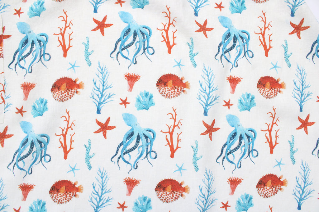 Linen fabric Watercolor Octopus & Hedgehog Fish