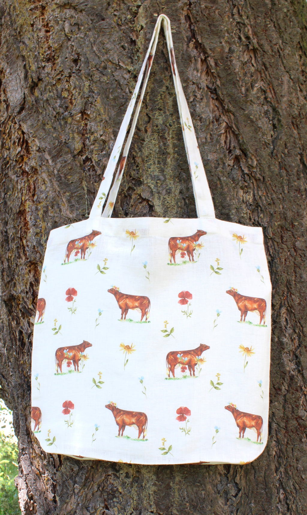 Linen Tote Bag Watercolor Flower Cow