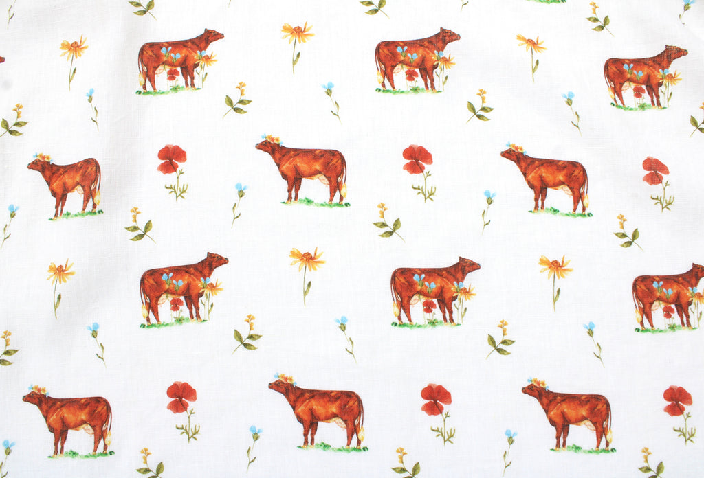Linen fabric Watercolor Flower Cow