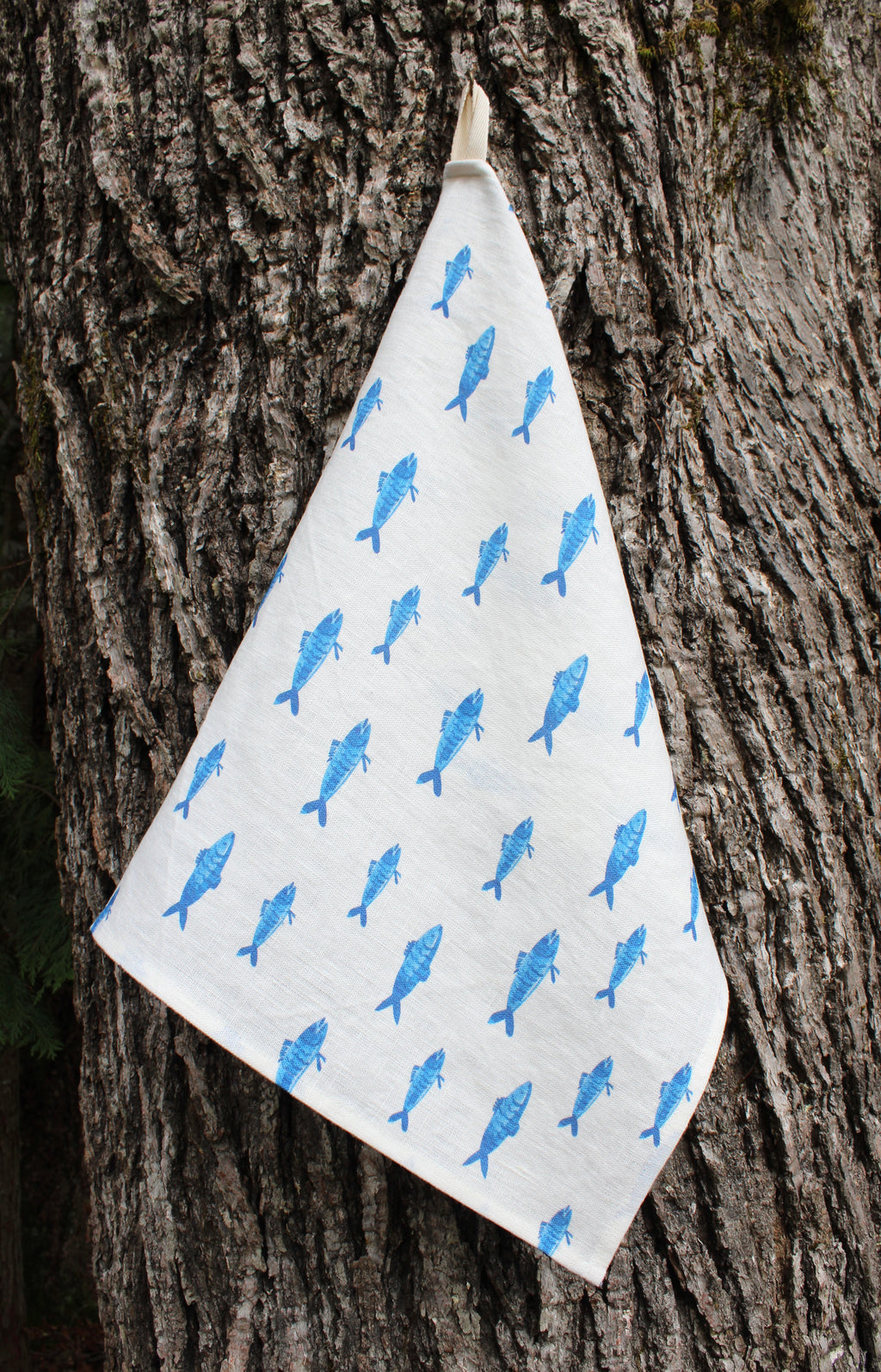 Linen Tea Towel Watercolor Blue Fish