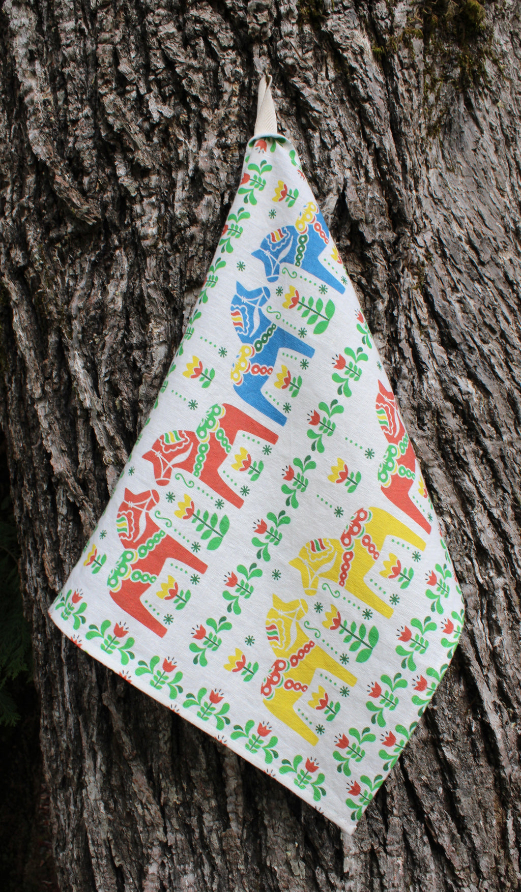 Linen Tea Towel Dala Horse Red Blue Yellow