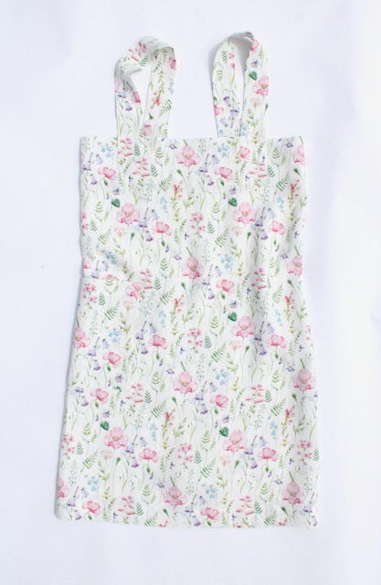 Linen cross back apron Pink Poppies & Wildflowers