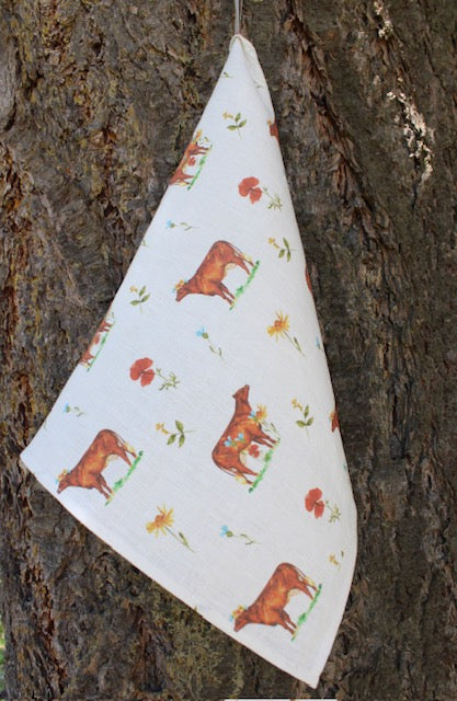 Linen Tea Towel Flower Cow
