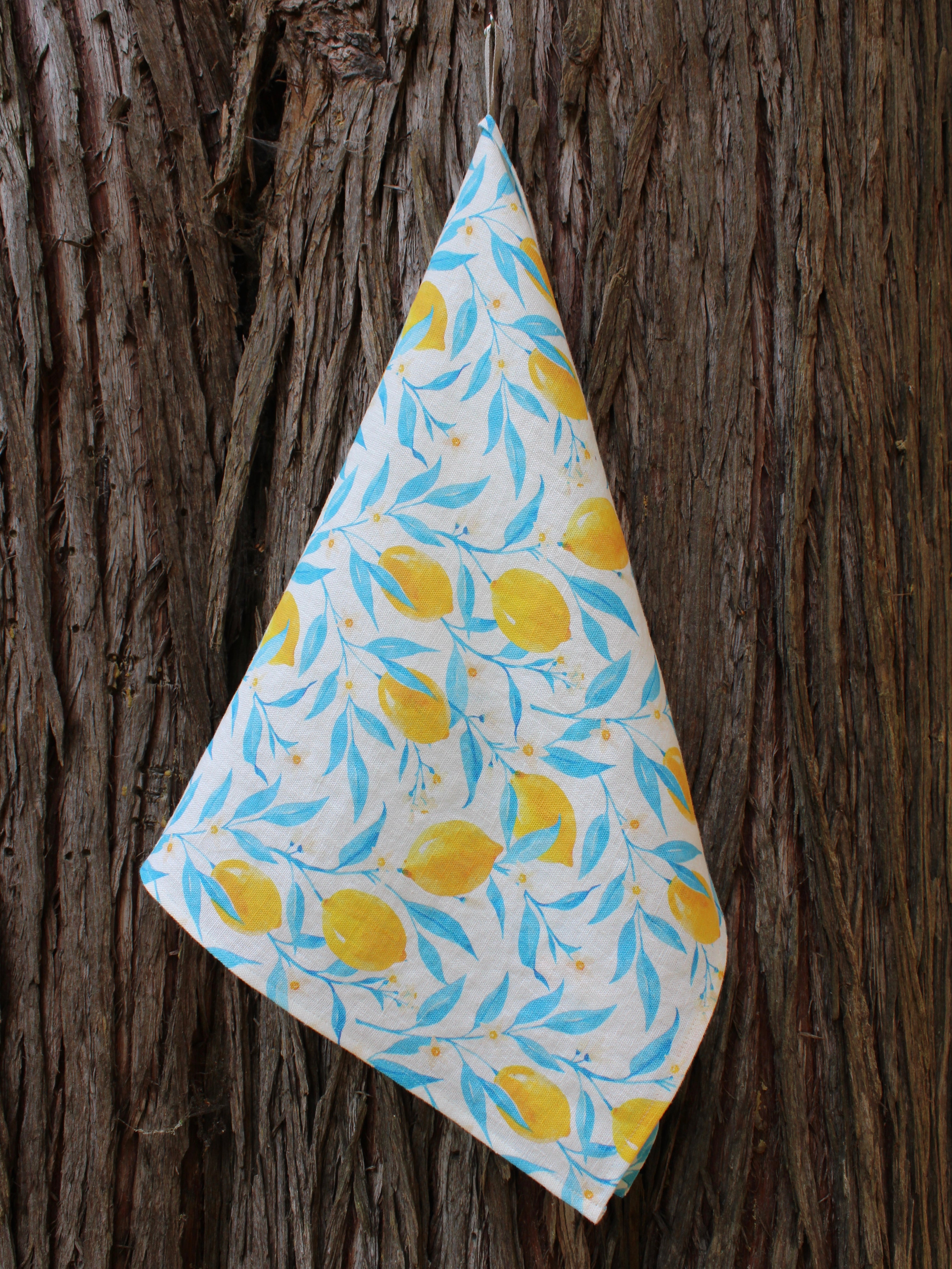 Linen Tea Towel Watercolor Lemons in Blue