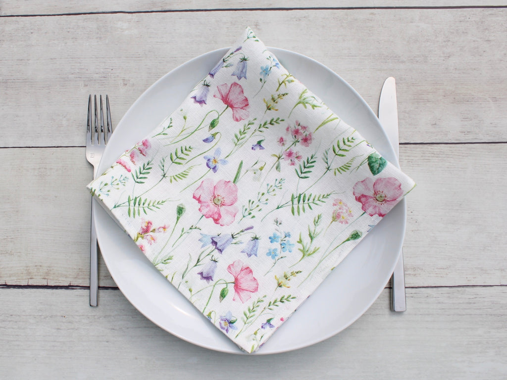 Linen napkin Pink Poppies and Wildflowers