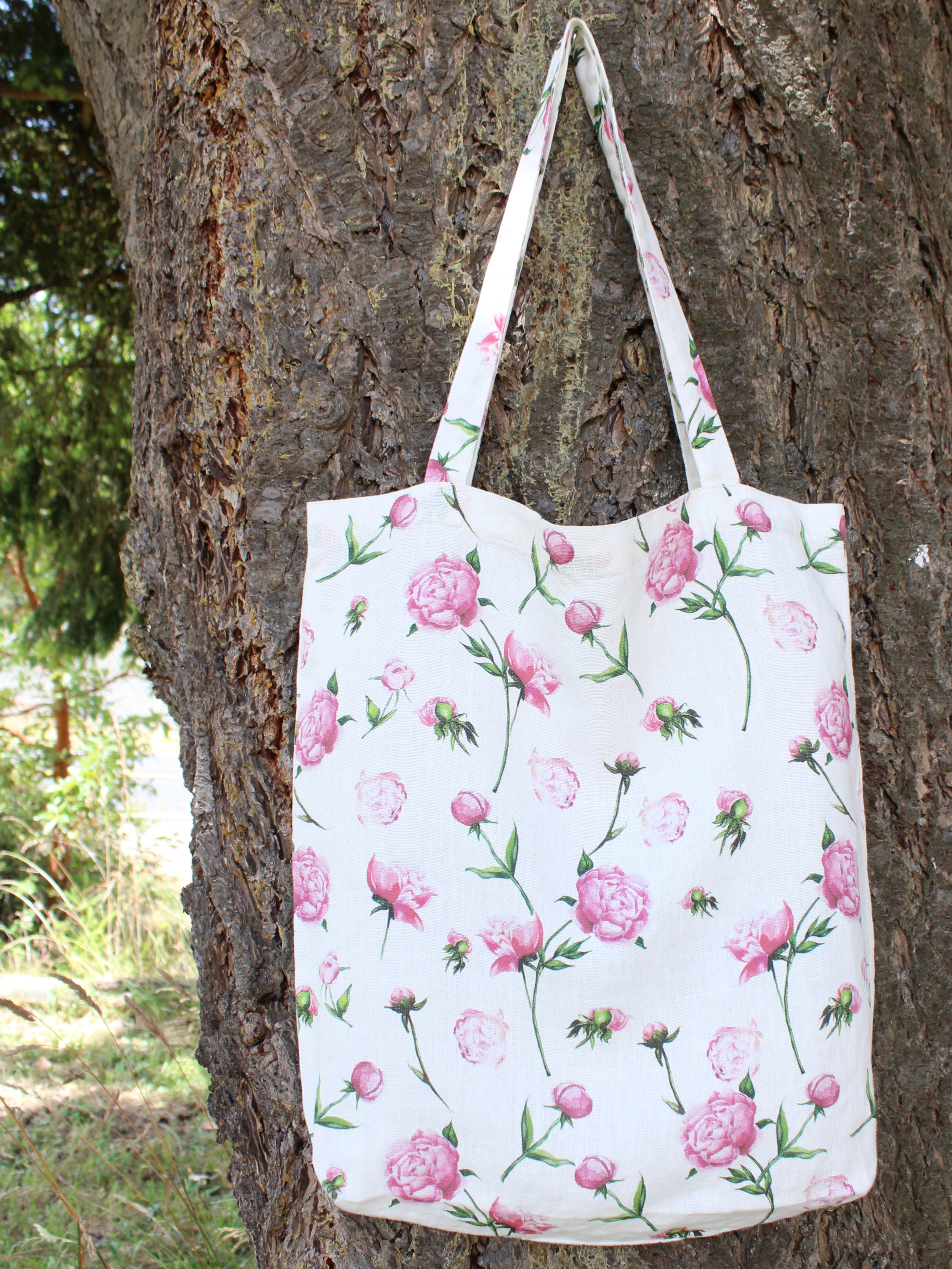 Linen Tote Bag Watercolor Peonies