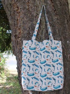 Linen Tote Bag Watercolor Whales