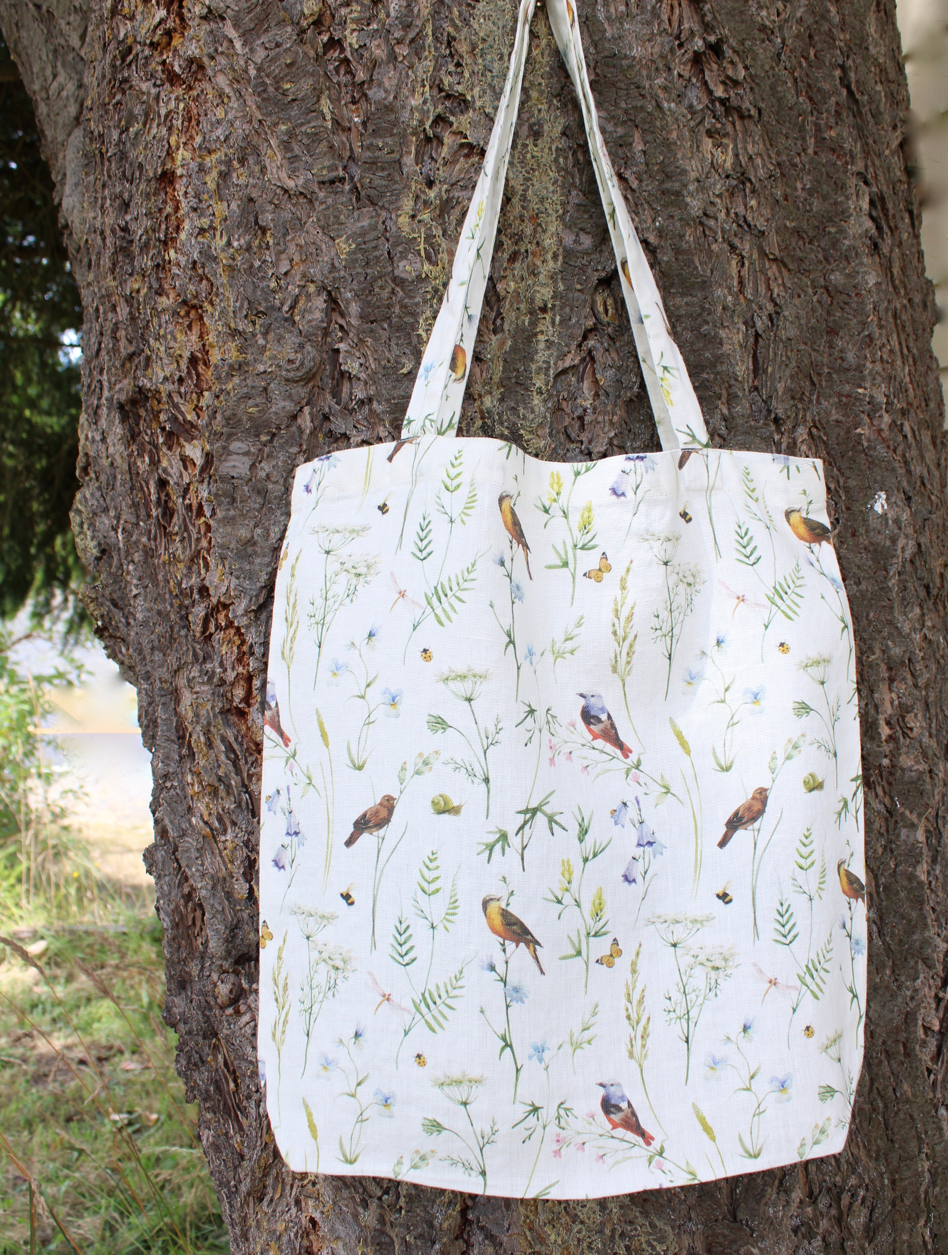 Linen Tote Bag Birds, Bees & Blooms