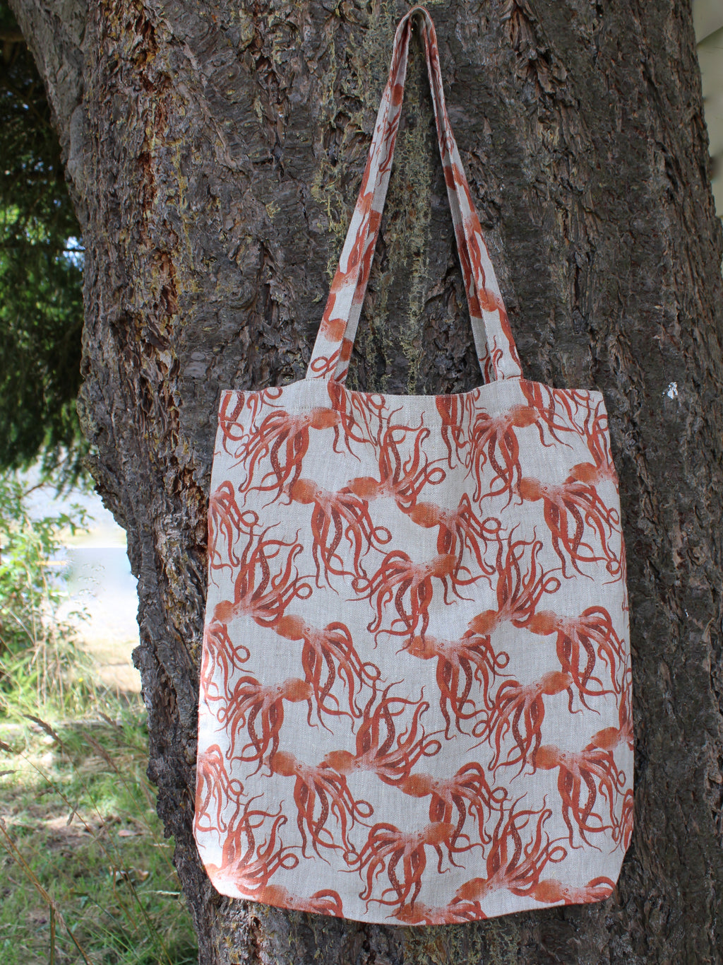 Linen Tote Bag Red Octopus