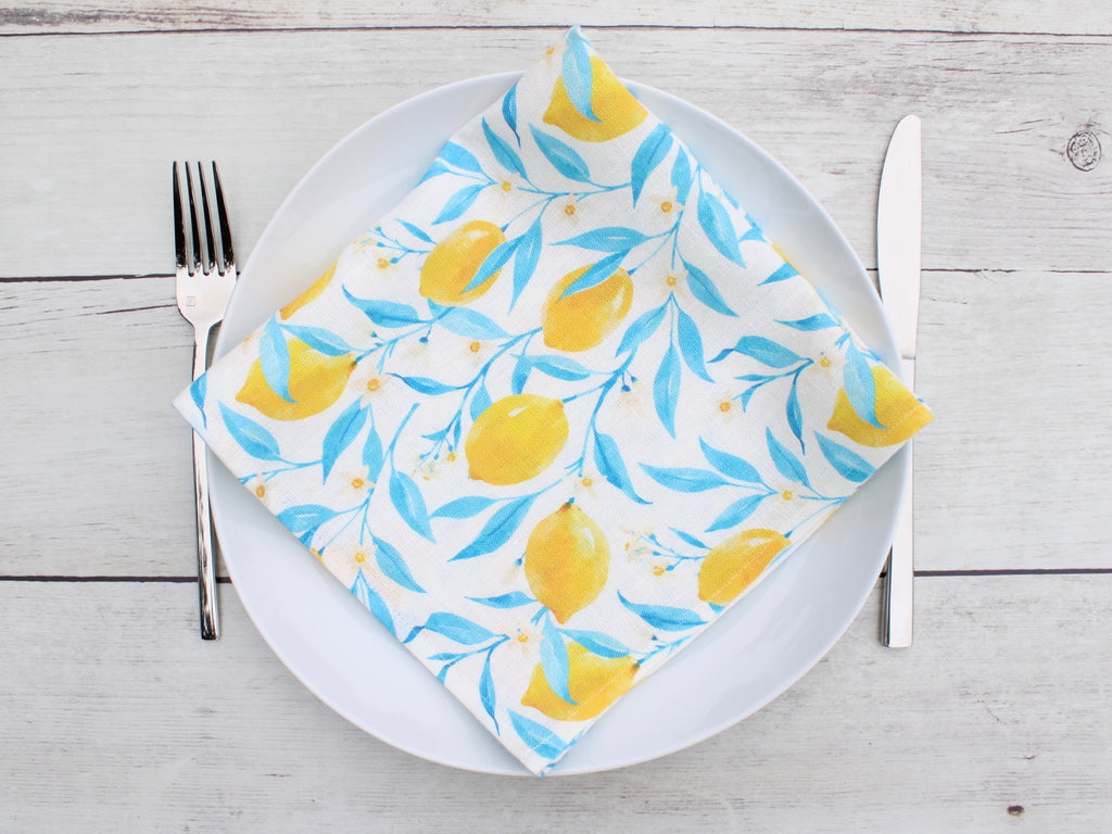 Linen napkin Pink Watercolor Lemons Blue