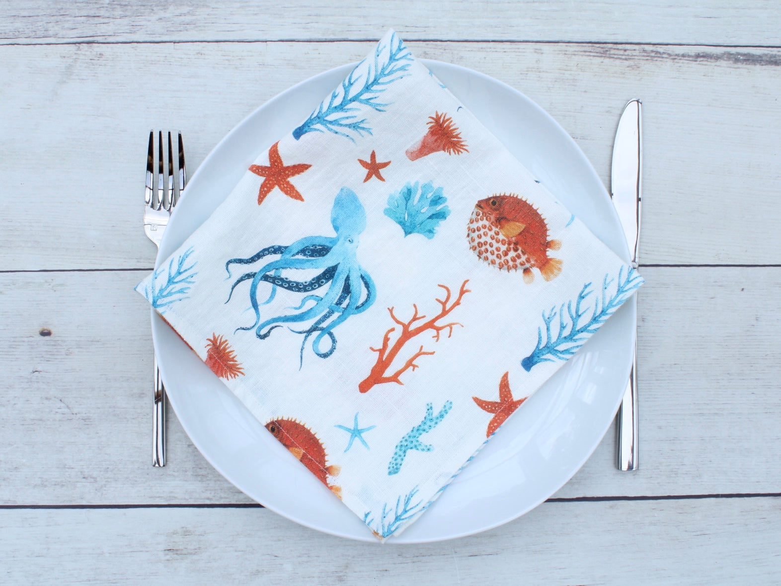 Linen napkin Watercolor Octopus & Hedgehog Fish