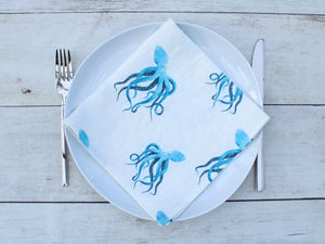 Linen napkin Watercolor Blue Octopus