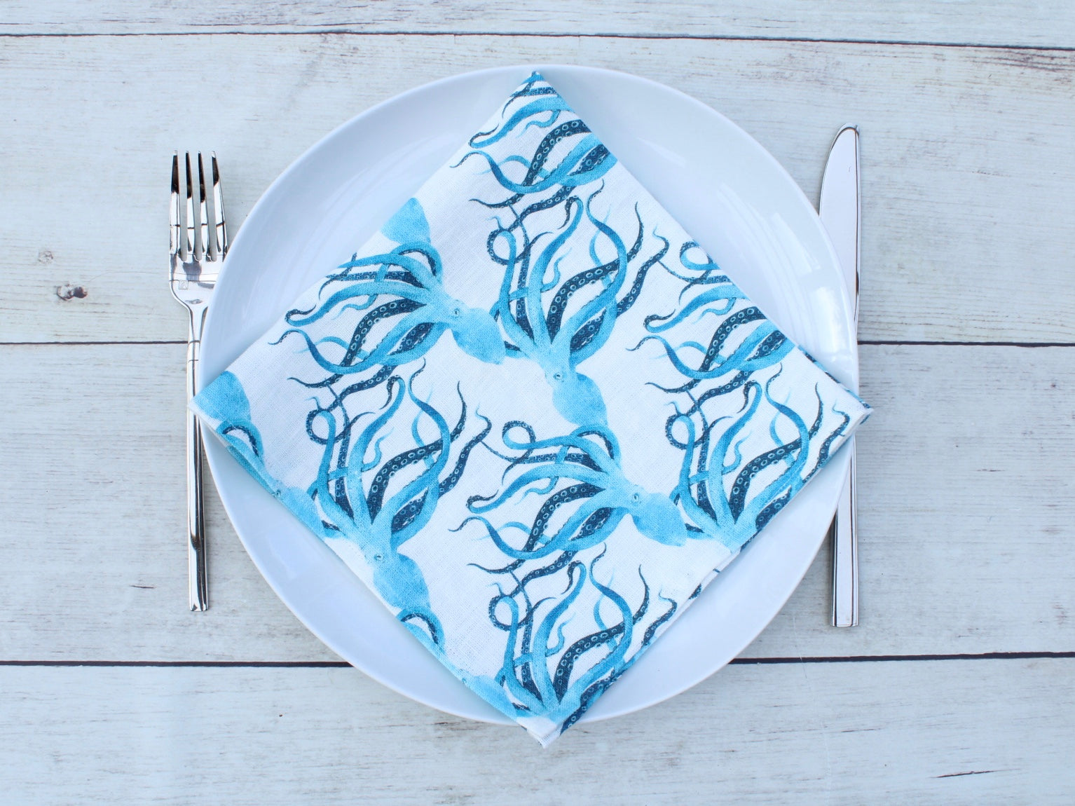 Linen napkin Watercolor Blue Octopus