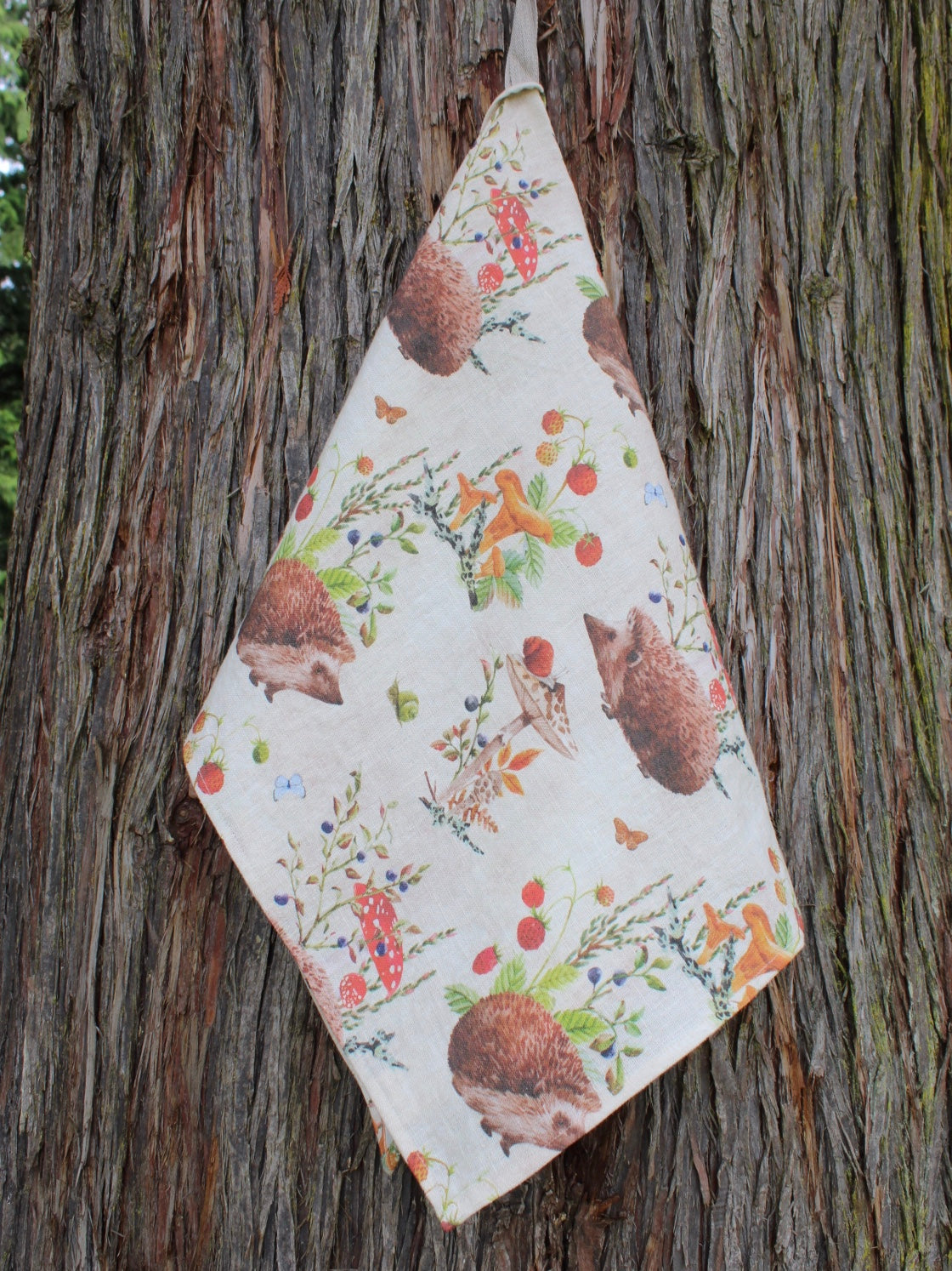 Linen Tea Towel Hedgehogs & Mushrooms