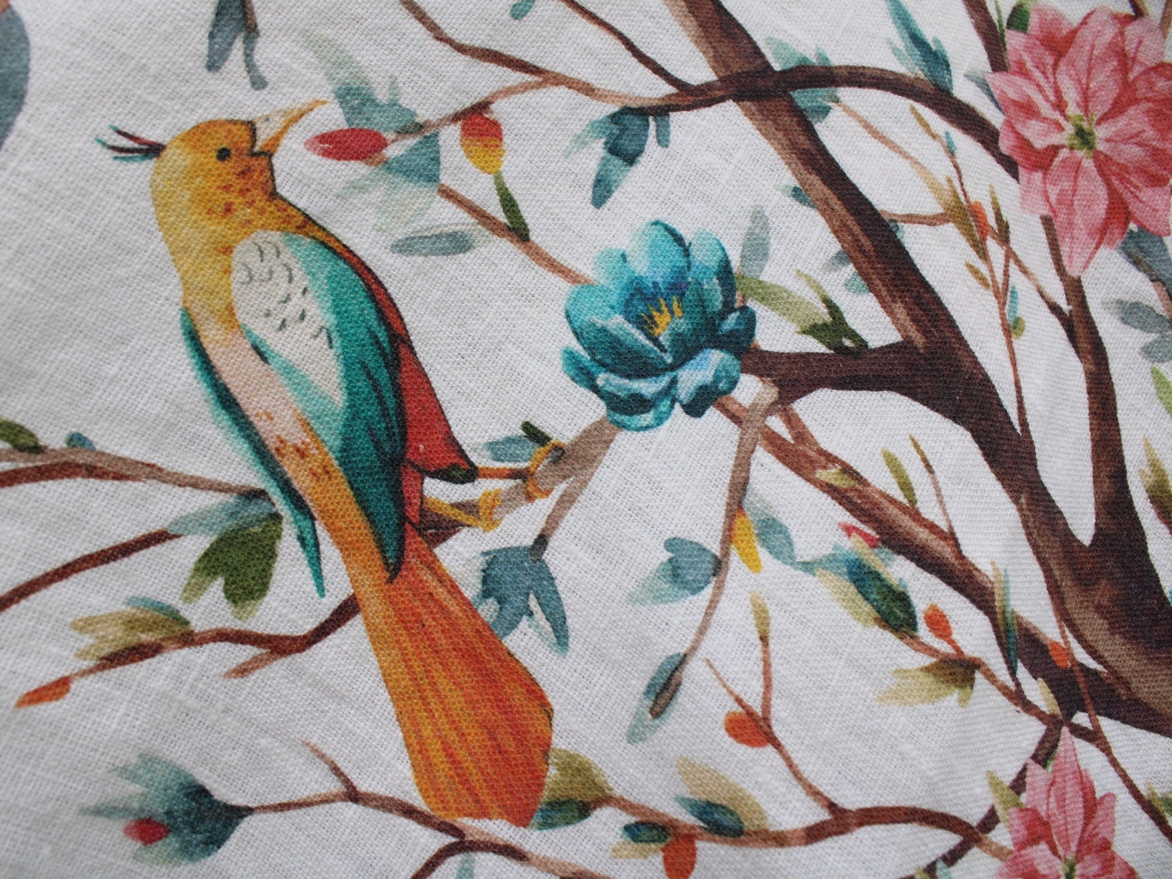 Linen Tea Towel Birds and Blooming Tree
