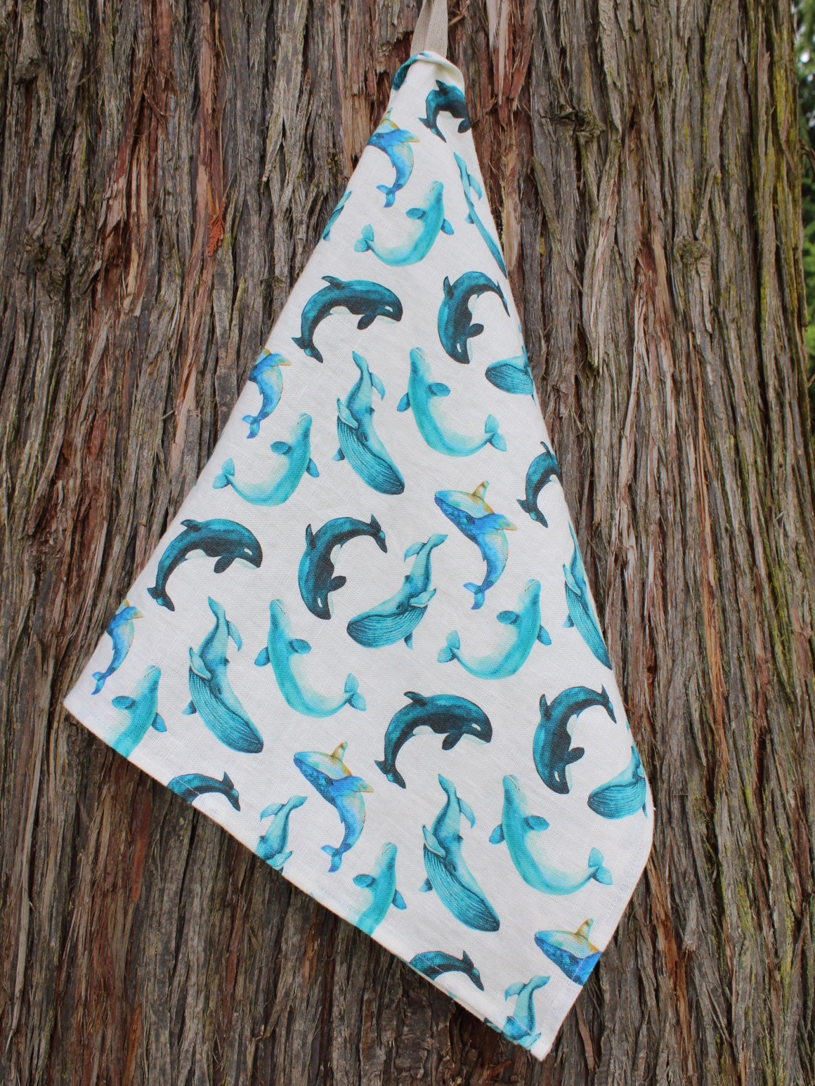 Linen Tea Towel Watercolor Whales