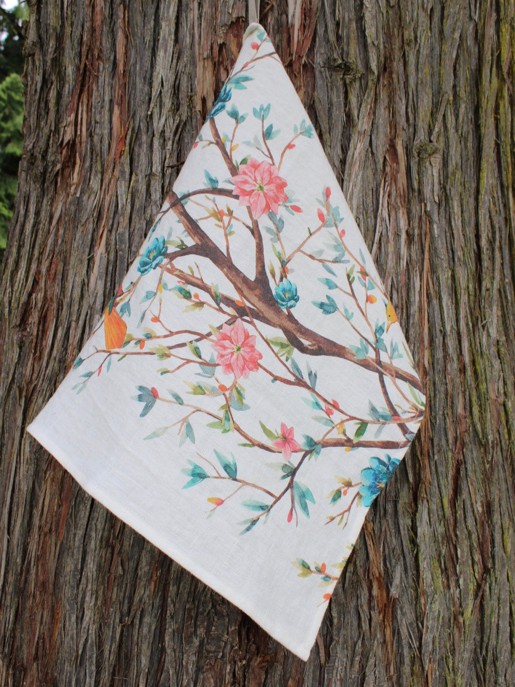 Sale Linen Tea Towel Birds and Blooming Tree