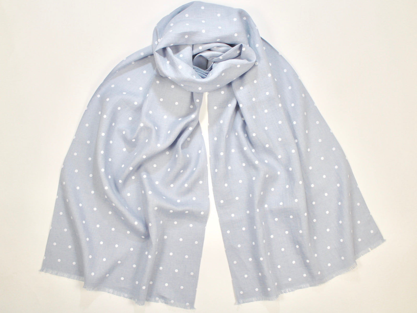Linen Scarf Soft Pale Blue with White Polka Dots
