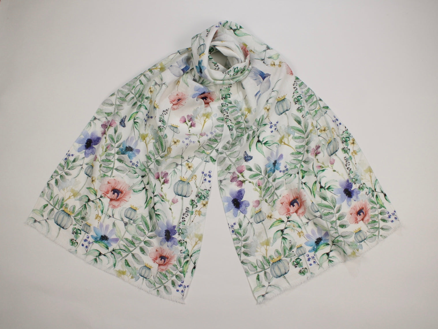 Linen Scarf Watercolor Florals, Birds & Butterflies