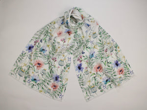Linen Scarf Watercolor Florals, Birds & Butterflies