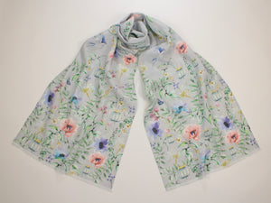 Linen Scarf Watercolor Florals, Birds & Butterflies Gray