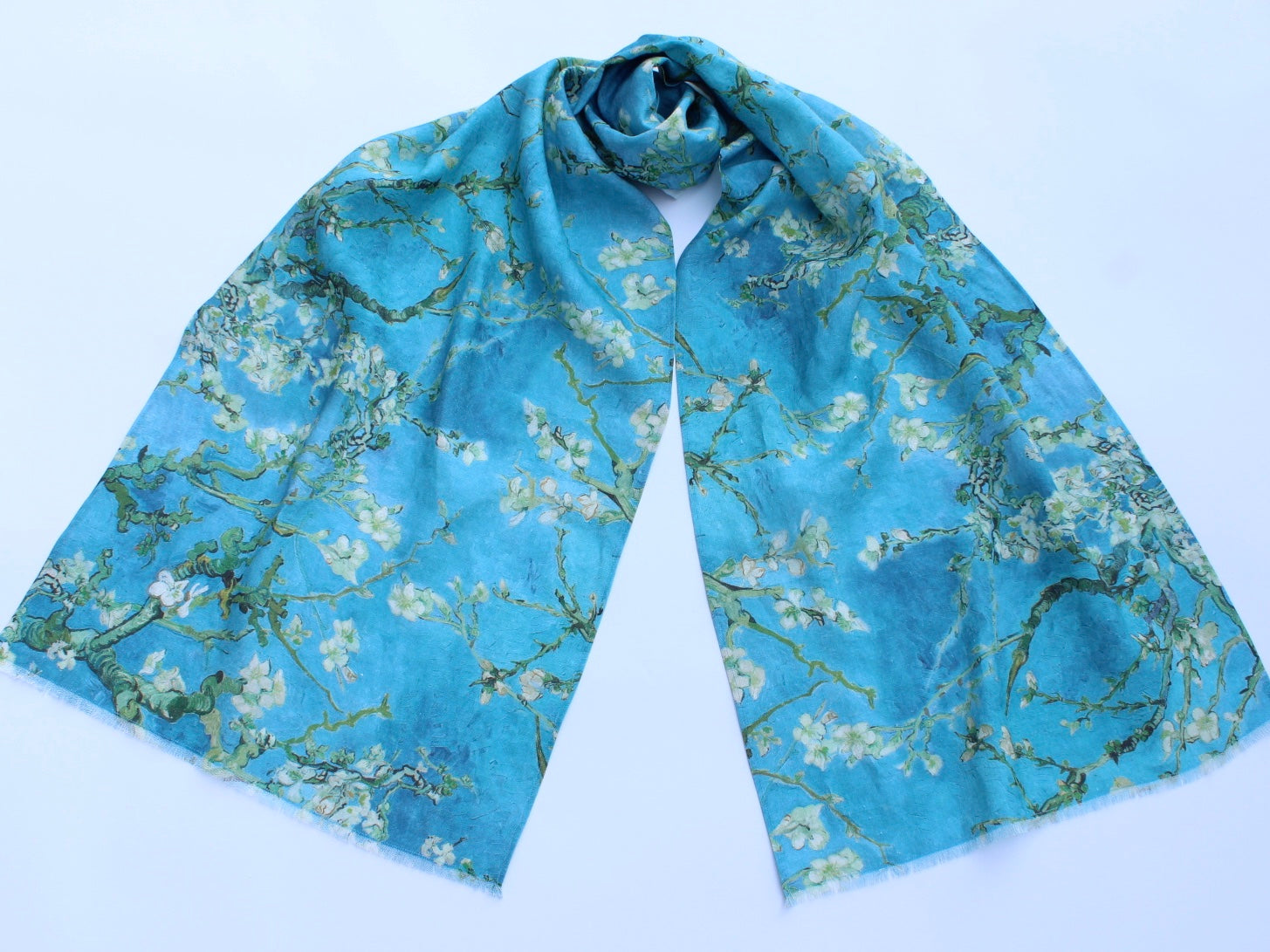 Linen Scarf Vincent Van Gogh "Almond Blossom" Turquoise Blue