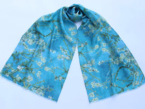 Linen Scarf Vincent Van Gogh "Almond Blossom" Turquoise Blue