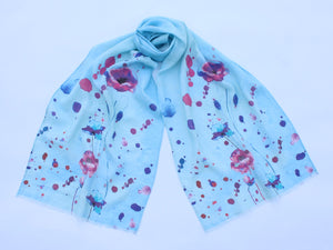 Linen Scarf Watercolor Poppies Sky Blue