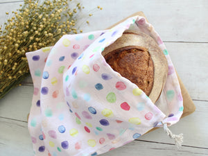 Linen Bread Bag Watercolor Bubbles Pink