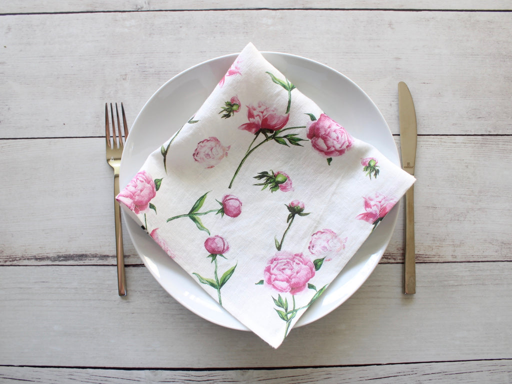 Linen napkin Watercolor Pink Peonies