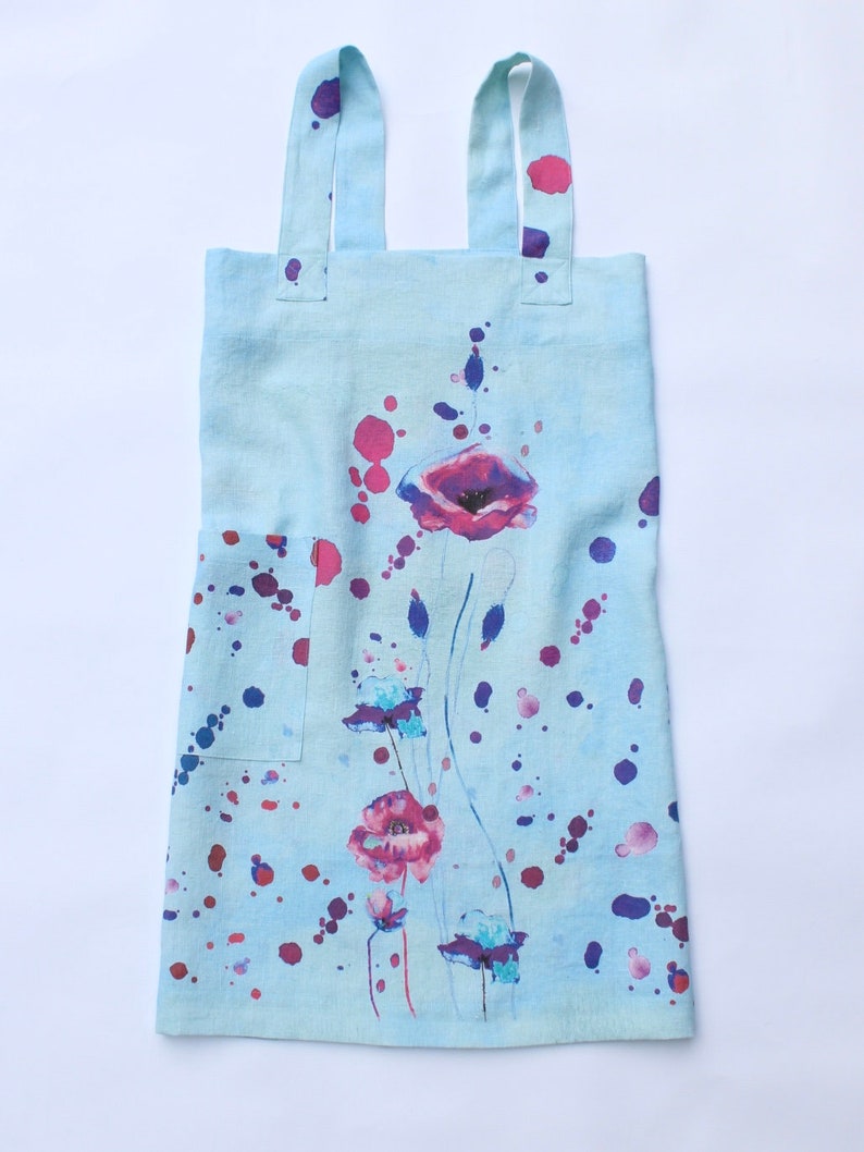 Linen cross back apron Watercolor Poppies