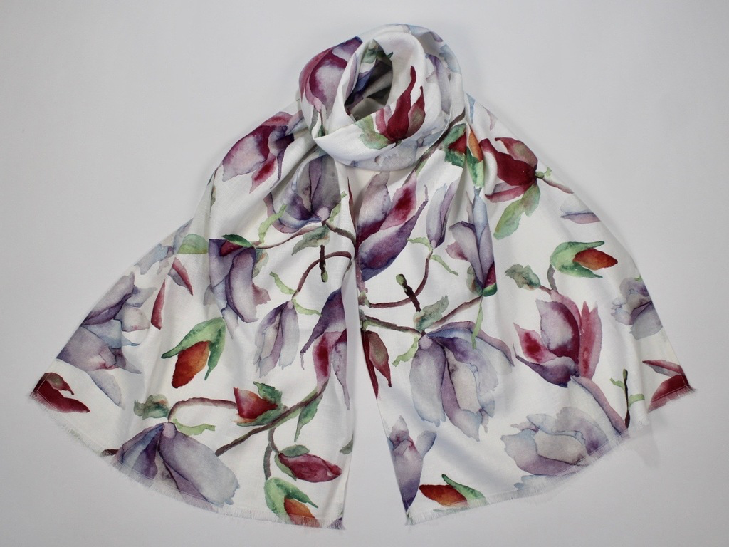 Watercolor Magnolias linen scarf